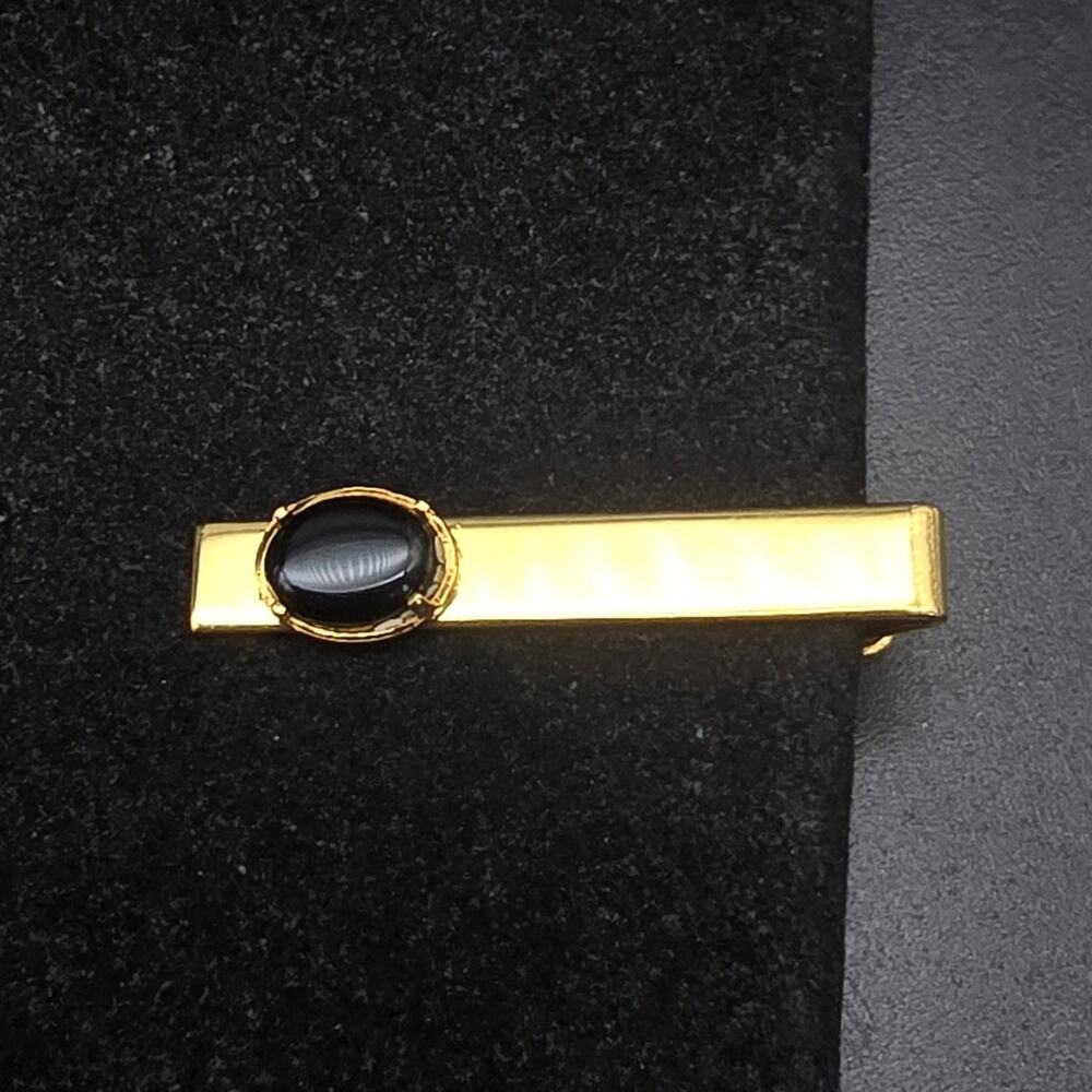 Gold Tone Black Oval Tie Clip Tie Bar Vintage Men's Accessory